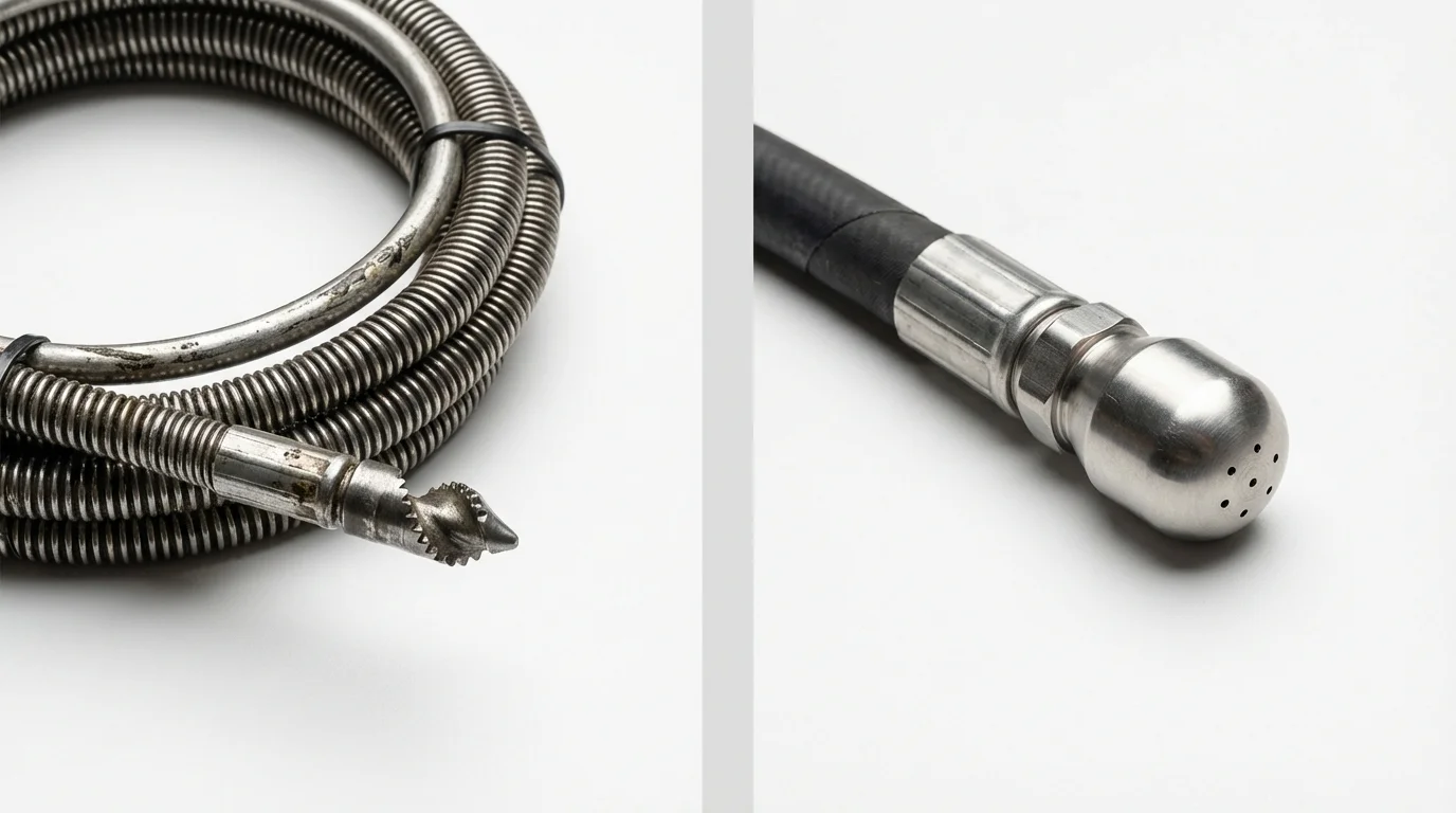 Drain snake cable and hydro jetting nozzle used for drain cleaning in New Summerfield, TX