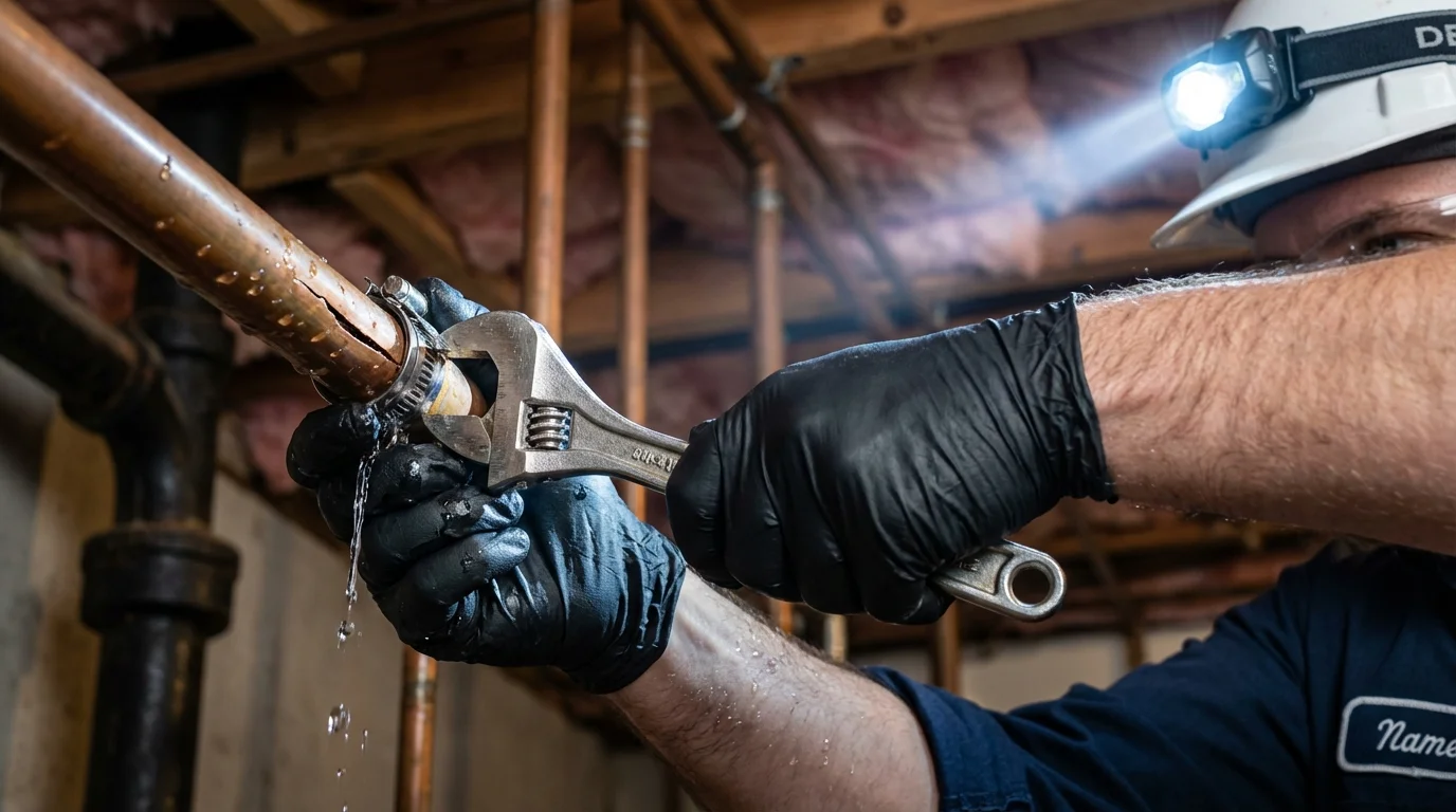 Emergency pipe clamp repair being performed by a Johns Plumbing LLC plumber in New Summerfield