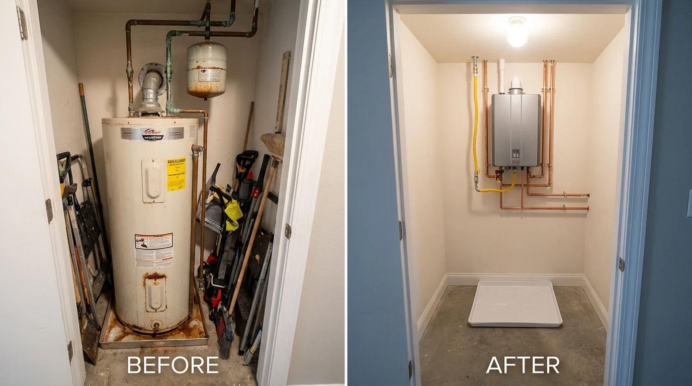 Tank water heater versus wall-mounted tankless unit comparison for New Summerfield, TX homeowners