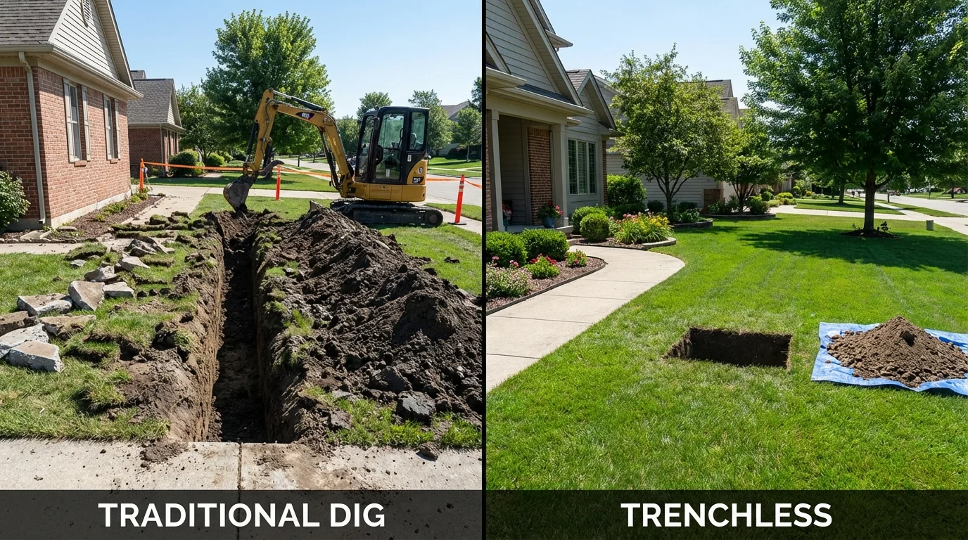 Trenchless sewer repair with minimal yard damage versus traditional excavation in New Summerfield, TX