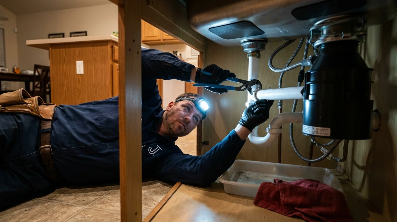 P-trap and supply line connections under a kitchen sink showing a common leak point in New Summerfield, TX